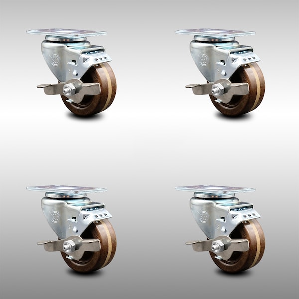 3 Inch SS High Temp Phenolic Swivel Top Plate Caster Set with Brake SCC